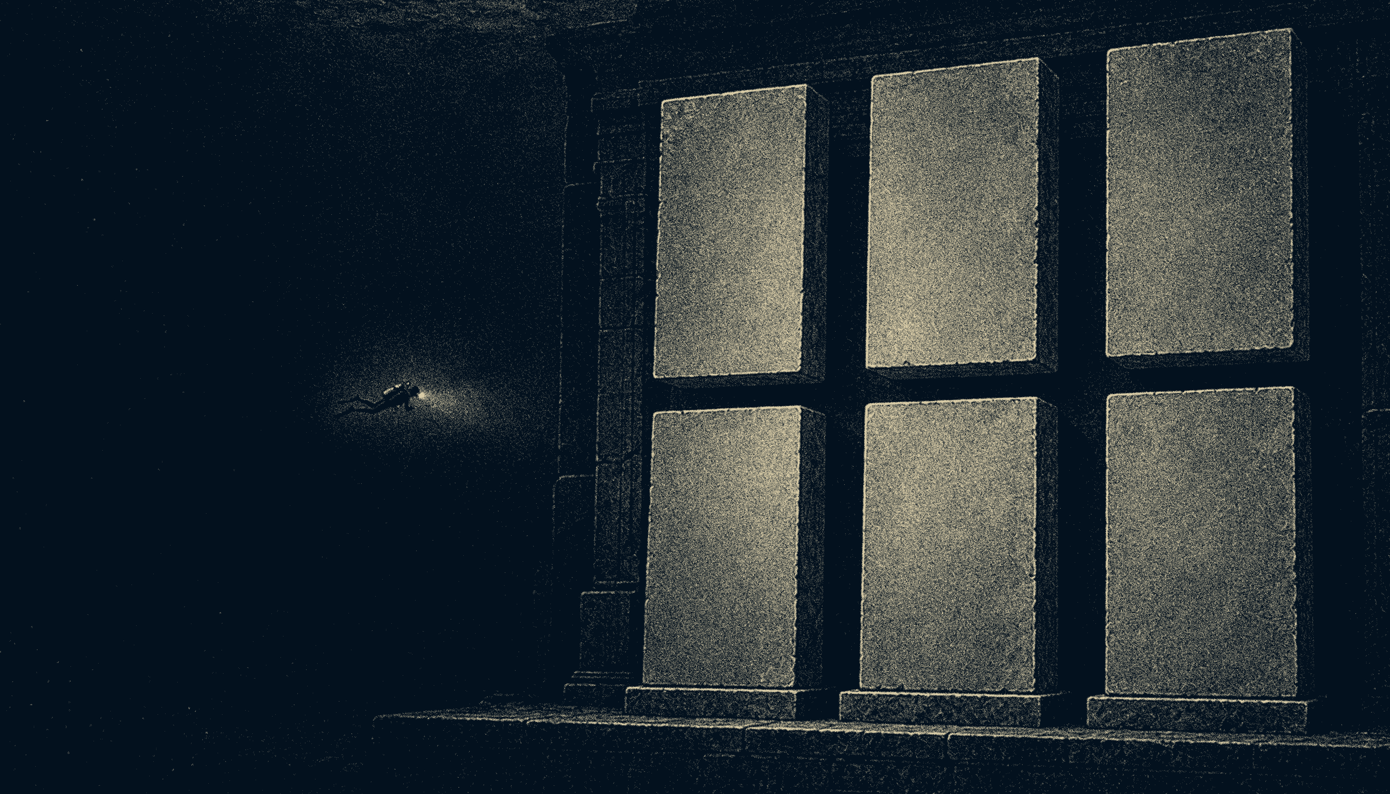 A tiny diver approaches six large vertical stone plates arranged in two rows in a dark underwater archive.
